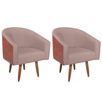 Kit 02 Poltronas Luiza Sintético Nozes e Linho Rosê - Doce Sonho Móveis