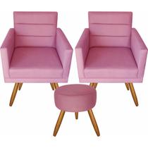 Kit 02 Poltronas Luxo Decorativas Nina E Puff Suede Rose