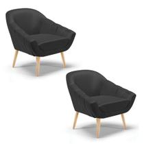 Kit 02 Poltronas material sintético Pés Palito Natural Preto