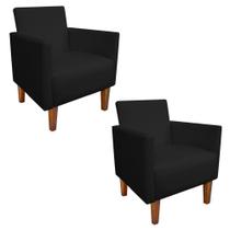 Kit 02 Poltronas material sintético Preto Pés Chanfrado Castanho Drossi