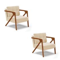 Kit 02 Poltronas Melissa Suede Base De Madeira Castanho Bege