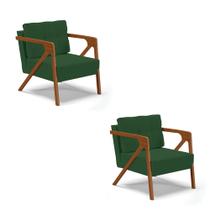 Kit 02 Poltronas Melissa Veludo Verde Base de Madeira Castanho