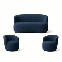 Kit 02 Poltronas + Namoradeira Decorativa Sala Estar Orgânica Beatriz Boucle Azul Marinho - Montanaris Decor Kit 02 Poltronas + Namoradeira Decorativa Sala Estar Orgânica Beatriz Boucle Azul Marinho - Montanaris Decor