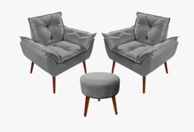 Kit 02 poltronas opala + 01 puff redondo dany suede cinza claro -pandora decor