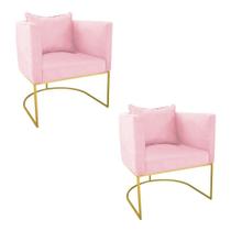 Kit 02 Poltronas Paola Suede Rosa Bebê Base Dourado Drossi