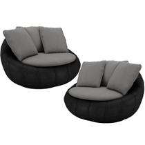 Kit 02 Poltronas Para Sala De Estar Decorativa Giratória Kira material sintético Preto Linho Cinza - Lyam Decor Kit 02 Poltronas Para Sala De Estar Decorativa Giratória Kira material sintético Preto Linho Cinza - Lyam Decor