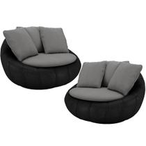 Kit 02 Poltronas Para Sala De Estar Decorativa Giratória Kira material sintético Preto Linho Cinza - Lyam Decor Kit 02 Poltronas Para Sala De Estar Decorativa Giratória Kira material sintético Preto Linho Cinza - Lyam Decor