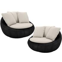 Kit 02 Poltronas Para Sala De Estar Decorativa Giratória Kira material sintético Preto Linho Cru - Lyam Decor Kit 02 Poltronas Para Sala De Estar Decorativa Giratória Kira material sintético Preto Linho Cru - Lyam Decor