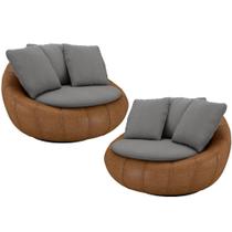 Kit 02 Poltronas Para Sala De Estar Decorativa Giratória Kira material sintético Whisky Linho Cinza - Lyam Decor Kit 02 Poltronas Para Sala De Estar Decorativa Giratória Kira material sintético Whisky Linho Cinza - Lyam Decor