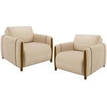 Kit 02 Poltronas Para Sala De Estar Pés De Madeira Base Fixa Flora M03 Linho Bege - Lyam Decor Kit 02 Poltronas Para Sala De Estar Pés De Madeira Base Fixa Flora M03 Linho Bege - Lyam Decor