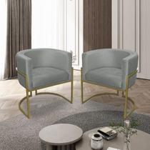 Kit 02 Poltronas para Sala Decorativa Luna Base Ferro Dourado Veludo Cinza Visan Estofados