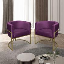 Kit 02 Poltronas para Sala Decorativa Luna Base Ferro Dourado Veludo Roxo