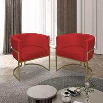 Kit 02 Poltronas para Sala Decorativa Luna Base Ferro Dourado Veludo Vermelho