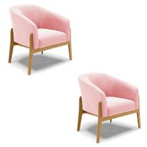 Kit 02 Poltronas Rosa Bebê Base Madeira Castanho