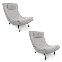 Kit 02 Poltronas Sher Suede Cinza Pés Palito De Ferro