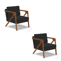 Kit 02 Poltronas Veludo Base De Madeira Castanho Preto