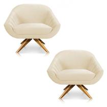 Kit 02 Poltronas Veludo Base Madeira Bege