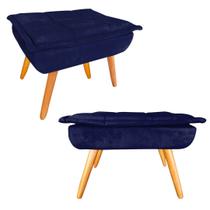 Kit 02 Puff Banqueta Opala Suede Azul Marinho Pés Castanho Retrô para Sala Quarto