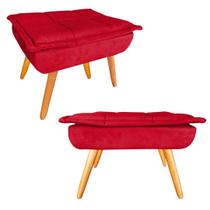 Kit 02 Puff Banqueta Opala Suede Vermelho Pés Castanho Retrô para Sala Quarto