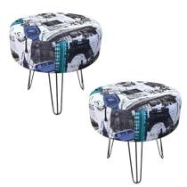 Kit 02 Puff Banqueta Rio Redondo Estampado Paris Azul Pés De Aço Aramado - D'Rossi