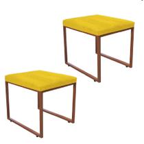 Kit 02 Puff Banqueta Stan Para Penteadeira Sala De Jantar Industrial Ferro Bronze Suede Amarelo - Ahazzo Móveis