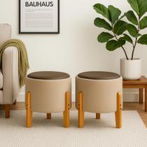 KIT 02 Puff Soft Bouclé Banqueta Assento Elegante com Couro e Pés de Madeira para Sala e Quarto KIT 02 Puff Soft Bouclé Banqueta Assento Elegante com Couro e Pés de Madeira para Sala e Quarto