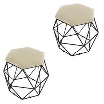 Kit 02 Puffs Aramado Preto Assento Hexagonal Suede Bege - DS Estofados