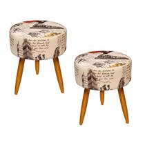 Kit 02 Puffs Banqueta Redondo Classic Suede Estampado Paris Vermelho Pés Madeira Palito - 2M Decor
