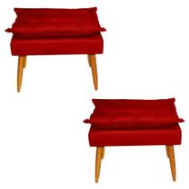 Kit 02 Puffs Banqueta Retangular Opala Suede Vermelho Pés Madeira Palito - 2M Decor