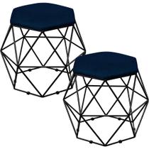 Kit 02 Puffs Decorativo Aramado Preto Six Suede Azul Marinho - Lyam Decor Kit 02 Puffs Decorativo Aramado Preto Six Suede Azul Marinho - Lyam Decor