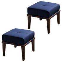 Kit 02 Puffs Decorativos 45cm Martínez Veludo Pés Madeira Azul/Imbúia G62 - Gran Belo