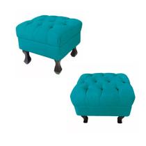 Kit 02 Puffs Fixo Retrô Luis Xv Capitonê Suede Azul Turquesa - DS Estofados