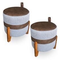 Kit 02 Puffs Le Mans Linho Cinza e Corano Nozes Base de Madeira - Pallazio Kit 02 Puffs Le Mans Linho Cinza e Corano Nozes Base de Madeira - Pallazio