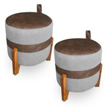 Kit 02 Puffs Le Mans Veludo Cinza e Corano Nozes Base de Madeira - Pallazio Kit 02 Puffs Le Mans Veludo Cinza e Corano Nozes Base de Madeira - Pallazio