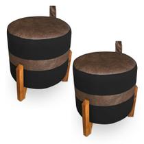 Kit 02 Puffs Le Mans Veludo Preto e Corano Nozes Base de Madeira - Pallazio Kit 02 Puffs Le Mans Veludo Preto e Corano Nozes Base de Madeira - Pallazio