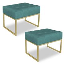 Kit 02 Puffs Lisa Suede Azul Turquesa Base Metálica Industrial Dourado - Pallazio