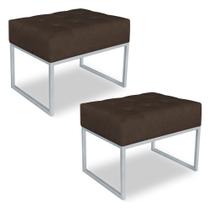 Kit 02 Puffs Lisa Suede Marrom Base Metálica Industrial Prata - Pallazio