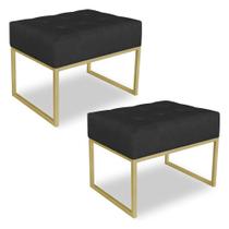 Kit 02 Puffs Lisa Suede Preto Base Metálica Industrial Dourado - Pallazio