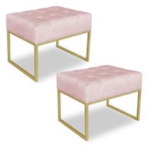 Kit 02 Puffs Lisa Suede Rosa Bebê Base Metálica Industrial Dourado - Pallazio
