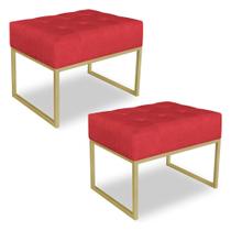 Kit 02 Puffs Lisa Suede Vermelho Base Metálica Industrial Dourado - Pallazio