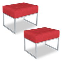 Kit 02 Puffs Lisa Suede Vermelho Base Metálica Industrial Prata - Pallazio Kit 02 Puffs Lisa Suede Vermelho Base Metálica Industrial Prata - Pallazio