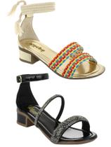 kit 02 Sandalia Infantil Menina Saltinho Baixo Grosso Brilho Strass Tiras Festa Klicpe + Sandalia Feminina Salto Infantil