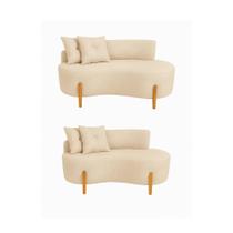 Kit 02 Sofá Orgânico 2 Lugares C/2 Almofadas Curvo Sala Recepção Luna Boucle Bege Pés de Madeira - Montanaris Decor