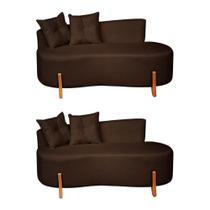 Kit 02 Sofá Orgânico 2 Lugares C/2 Almofadas Curvo Sala Recepção Luna Boucle Marrom Pés de Madeira - Montanaris Decor