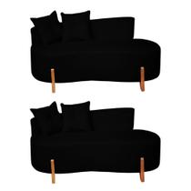 Kit 02 Sofá Orgânico 2 Lugares C/2 Almofadas Curvo Sala Recepção Luna Boucle Preto Pés de Madeira - Montanaris Decor