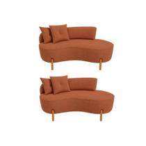 Kit 02 Sofá Orgânico 2 Lugares C/2 Almofadas Curvo Sala Recepção Luna Boucle Terracota Pés de Madeira - Montanaris Decor