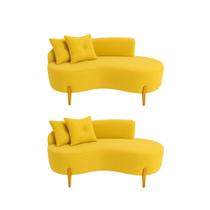 Kit 02 Sofá Orgânico 2 Lugares C/2 Almofadas Curvo Sala Recepção Luna Veludo Amarelo - Montanaris Decor