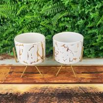 Kit 02 Vaso Cachepô de Ceramica Suporte Dourado Decorativo