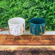 Kit 02 Vaso Cachepô de Ceramica Suporte Dourado Decorativo