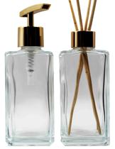 Kit 02 Vidro Para Lavabo Retangular 250ml Com tampa Difusor Luxo + Válvula Saboneteira Super Luxo e Varetas